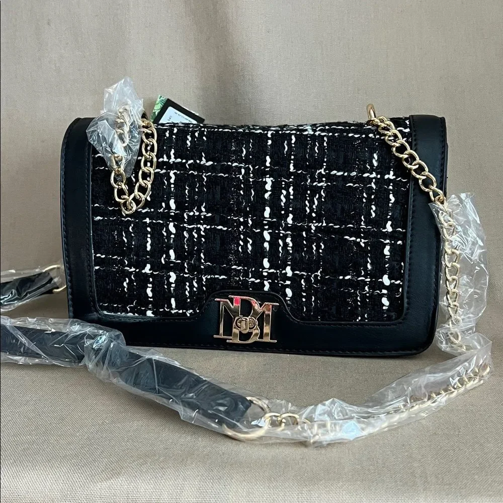 Badgley Mischka Black Tweed Crossbody Bag Gold Chain NWT MSRP $129